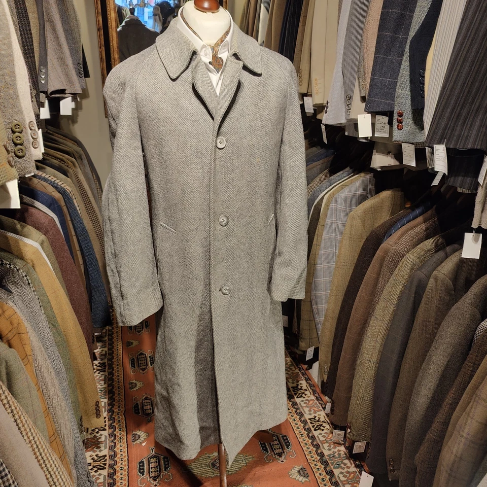 Vintage Mens 40R Tweed Herringbone Pea Over Coat Jacket Harris Style Wool V - Image 3 of 4