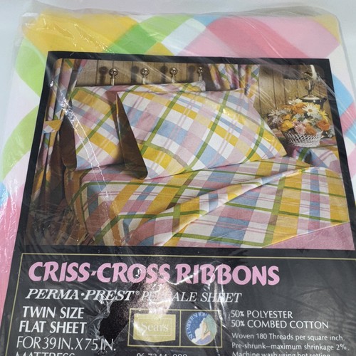 Vintage Sears Country Mixables Twin Size Flat Sheet 1970s NEW Criss Cross Ribbon - Picture 4 of 10