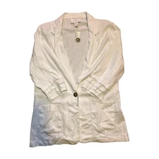 NWT Women's Halston Large White Linen Blend 3/4 Pleated  Sleeve Jacket