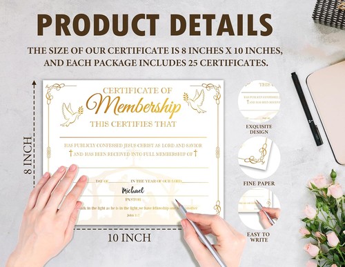 Certificate of Membership, 25 Pcs Church Recognition Certificates Gold Foil  - Picture 2 of 5