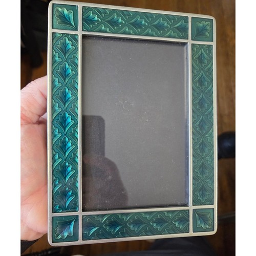 Cadre photo ancien vitrail émaillé feuille verte art déco étain Danforth