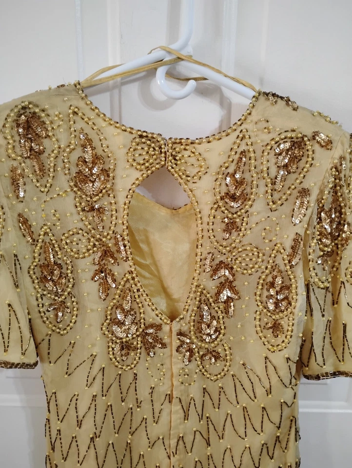 Vestido Mark And John Amarillo Seda Con Lentejuelas Hecho en India Vintage Talla Grande Foto 4 de 4