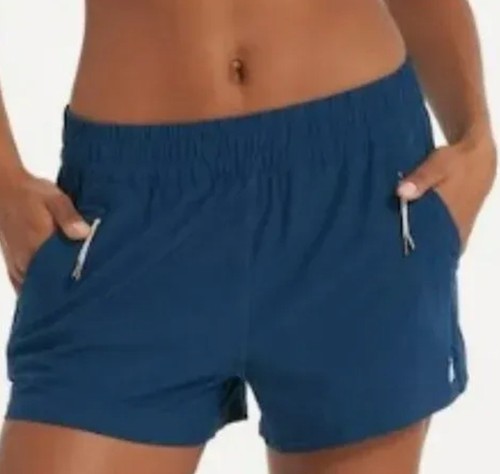 Vuori Dash Shorts blau Laufen hoher Bund Stretch Performance Taschen Damen M