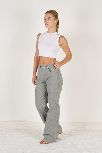 Wakee Denim (By Lily) Cargo Flare Leg Ladies Pant - Olive BA105-36 - Picture 1 of 4