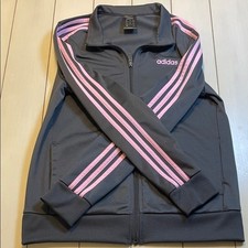Adidas Women's Front Zipper Jacket in Charcoal Gray with Pink Stripes, Size M