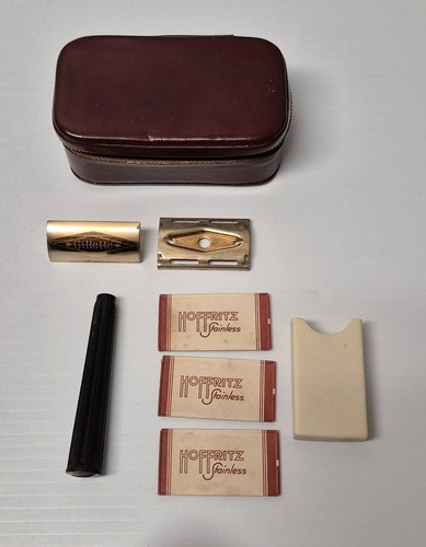 Hoffritz Leather Case & 3 Stainless Blades Disposal Container Gillette Razor Vtg