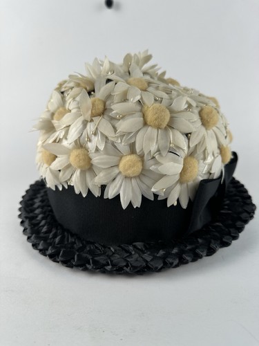 60er Jahre Damen Vintage Sommer Fischerhut Blumen weiß gelb schwarz Schleife floral - Bild 5 von 11