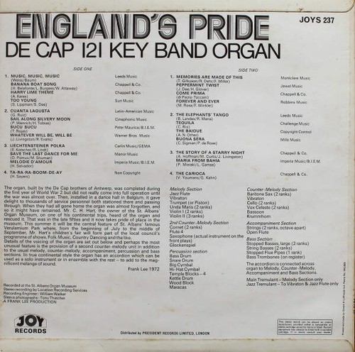 Decap Organ "England's Pride" - De Cap 121 Key Band Organ (VINYL) - Picture 2 of 4