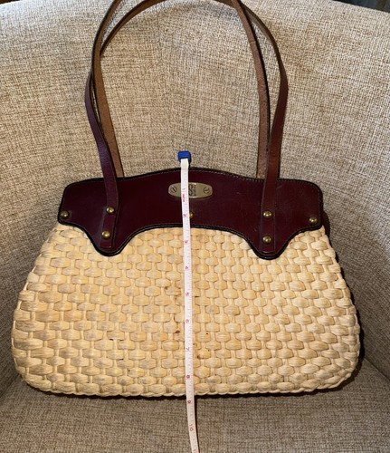 vtg 50s 60s MCM Woven Jute Straw Leather Strap Purse Handbag Cottagecore Boho - Picture 15 of 24