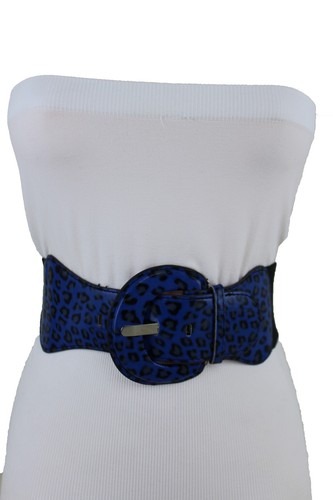 Women Faux Leather Elastic Blue Belt Animal Print Leopard Cheetah Plus M L XL - Picture 9 of 21