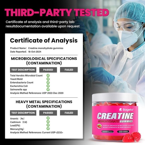 Creatine Monohydrate Gummies 5g Sugar Free Pre Workout For Building Muscle 120Ct - Picture 4 of 8