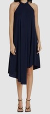 $547 Halston Women's Blue Draped Asymmetric Braided Halter Marie Dress Size 14