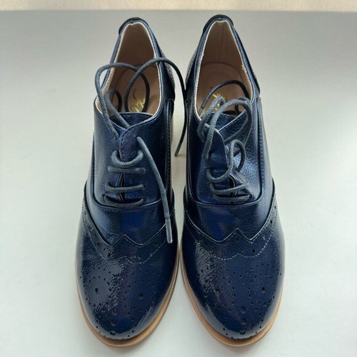 Size 7 FOWT Women's Perforated Lace-Up Oxfords Almond Toe Mid Chunky Heel Blue - Picture 2 of 9