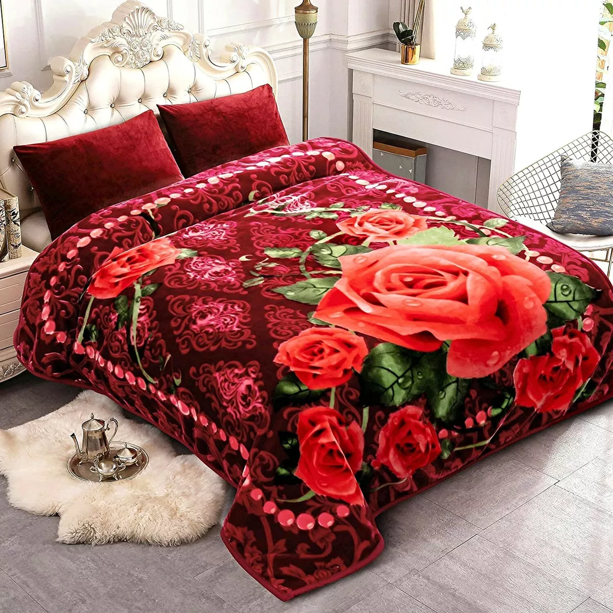 Heavy Winter Blanket Korean Style Fleece Reversible KING Thermal Rose Red  Green