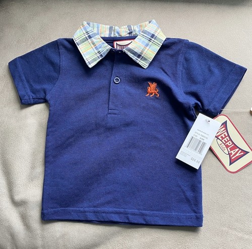Polo Bebé Niño Talla 6 a 9 Meses Manga Corta Azul Con Cuello A Cuadros Nuevo con Etiquetas