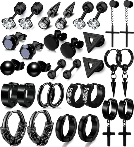 16 Pairs Men Earrings Set - Black Stainless Steel Cross Dangle Hoop & Ear Stud F