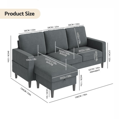 Ufurniture 3 Seaters Sofa L-Shaped Lounge Couch with Storage Ottoman Grey - Picture 2 of 8