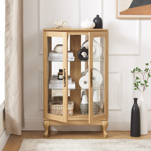 Oak 2 Doors Curio Cabinet with Tempered Glass Doors with Mirrored Back Panel - Picture 4 of 17