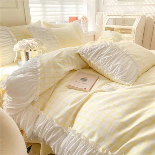 Luxury Ruffle Lace Lattice Princess Bedding Set Duvet Cover Bed Sheet Pillowcase - Bild 12 von 30