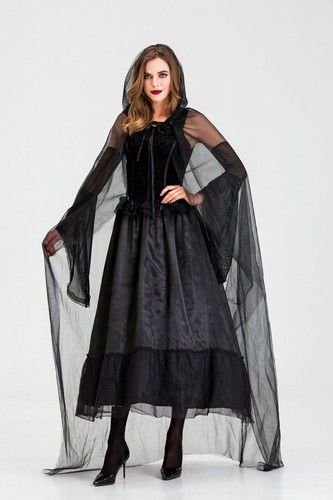 Women Halloween Costume Hooded Mesh Cloak Cosplay Magician Gothic Dress Clothes - Picture 5 of 9