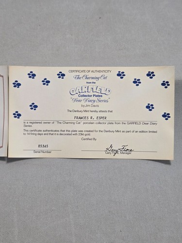 Danbury Mint Garfield Collectors Plate Charming Cat "Dear Diary Series" Vintage 1990 - Bild 7 von 9