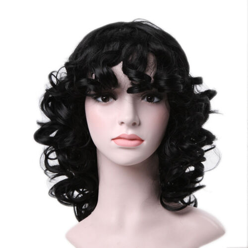 Black Curly Wave Synthetic Wigs With Bangs Heat Safe Natural Looking Fashion - Picture 11 of 13