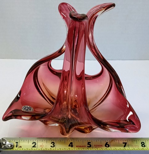 Vintage Murano MCM Kunst Glas Schale Cranberry Original Aufkleber Sommerso Skulptur - Bild 11 von 15