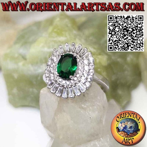 Anello in argento 925 ‰ con smeraldo ovale contornato zirconi a trapezio e tondi - Foto 3 di 5