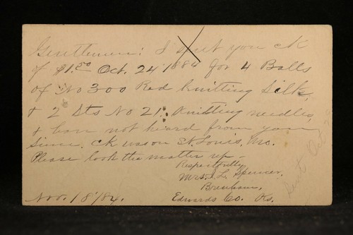 Kansas: Brenham 1884 Postal Card, Ms With Year Date, DPO Kiowa Co - Picture 2 of 2