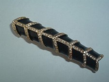 VINTAGE BLACK ENAMEL  RHINESTONE GOLD TONE METAL BARRETTE UP DO HAIR ACCESSORY