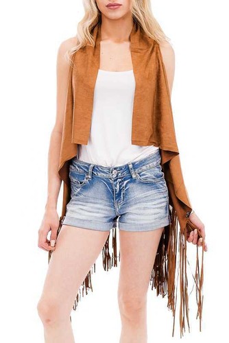 Women's Spring Hippie Faux Suede Fringed Vest Outerwear Cardigan Coat - Picture 13 of 26