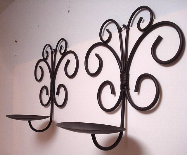 vintage wall hanging wrought iron pillar candle holder Brown Scroll