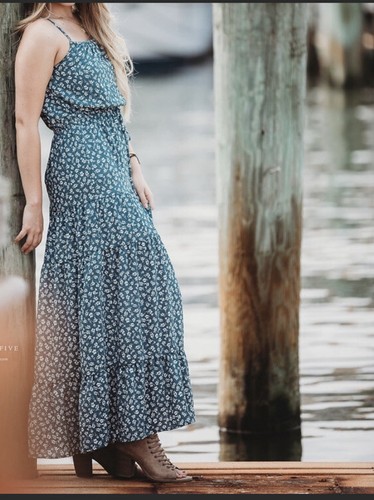 Sienna Sky Teal Floral Maxi Tiered Sleeveless Dress Size L - Picture 2 of 7