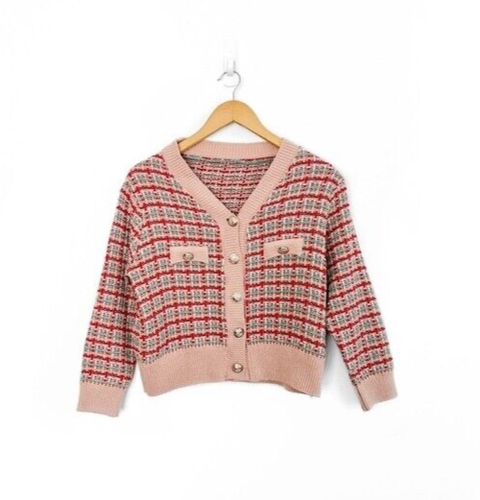 Tweed Strickjacke mit Knopfleiste Oberteil klein rosa rot Strick Goldknöpfe - Bild 1 von 9