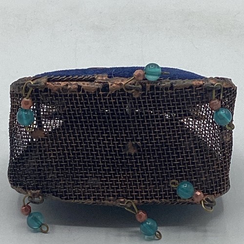 Victorian Era Inspired 3” Copper Weave & Blue Suede Purse + Blue & Orange Beads - Picture 5 of 5