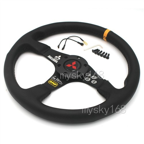 OMP Sport Mitsubishi Ralliart 345MM/14 PULGADAS Cuero Volante Coche Línea Roja - Imagen 3 de 16