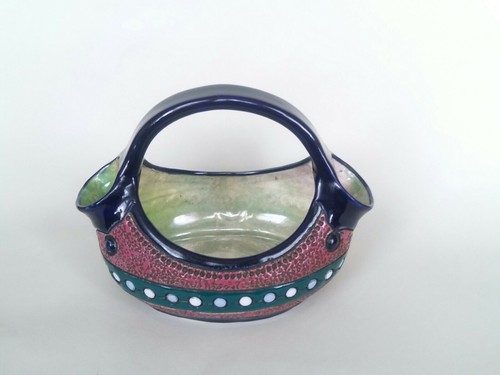 Amphora Czechoslovakia Basket Cameo of Lady Cobalt & Green Lustre & Matt Glazes - Picture 2 of 12