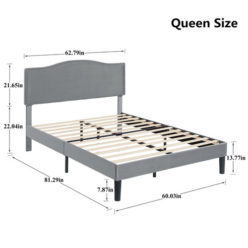 Bed Frame w/ Adjustable Fabric Headboard Twin/Full/Queen Size Wood Slat Support - Picture 46 of 60