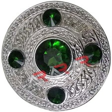 AAR Celtic Kilt Fly Plaid Brooch Green Stones Silver Finish 4"/Scottish/Highland