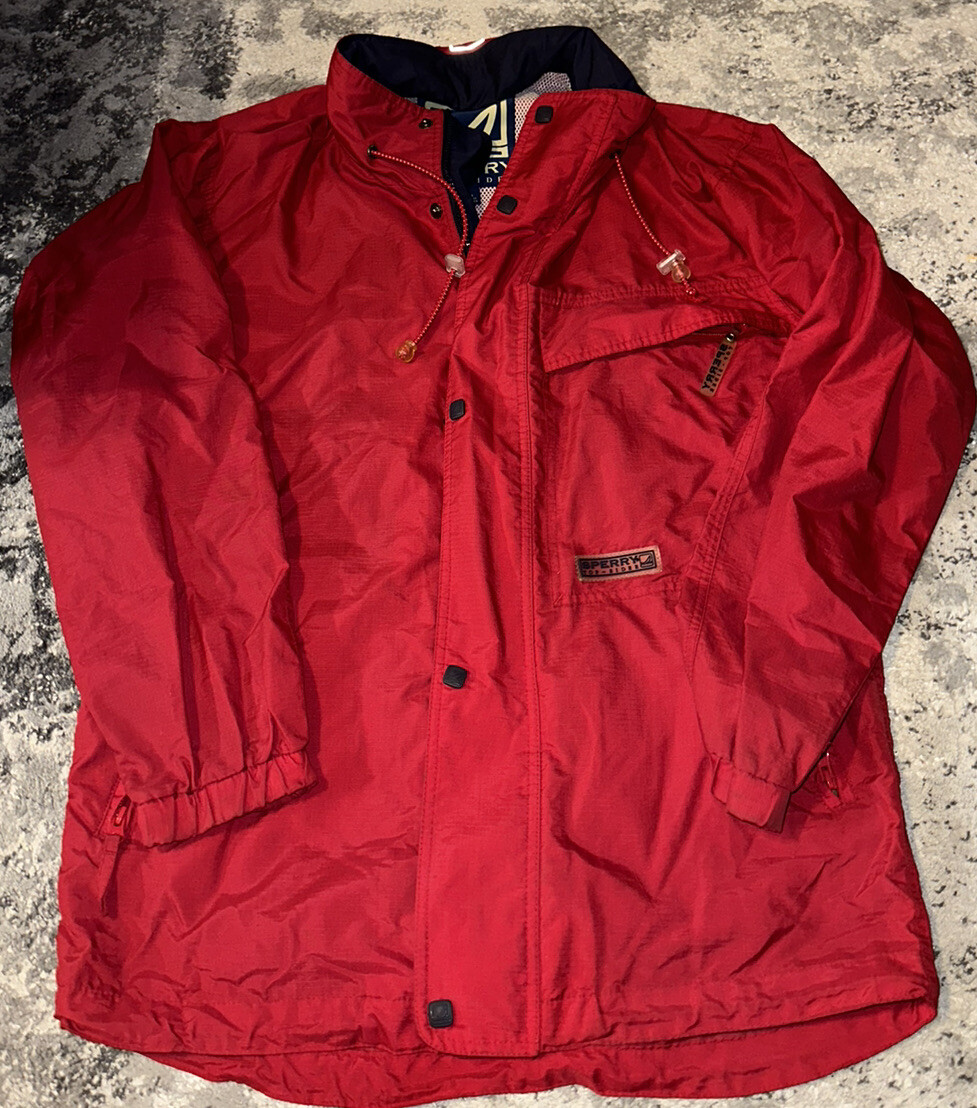 VTG Sperry Top-Sider Rain Coat Adult Small Red Full Zip Snap