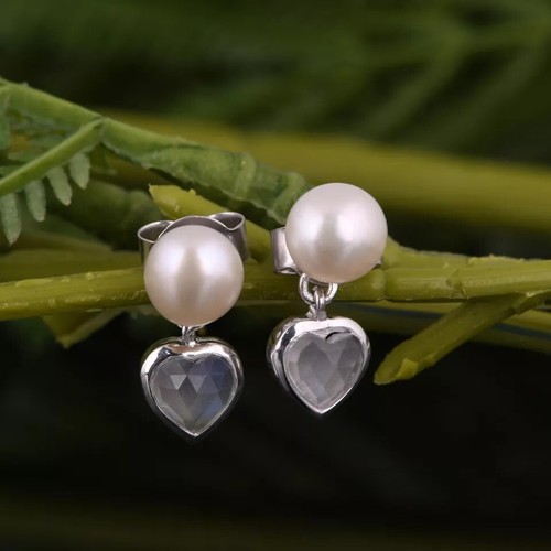 Real 14k White Gold Heart Drop Dangle Earrings With Moonstone & Pearl Gemstone - Picture 4 of 7