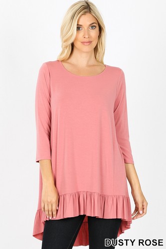 Zenana Women's Round Neck Short or 3/4 Sleeve High Low Ruffle Hem Rayon Top - Picture 9 of 16