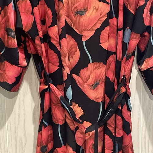 H&M Black/Red Floral Poppy Robe Side Slits Half Sleeve Belted Gorgeous  XS/S - Foto 2 di 8