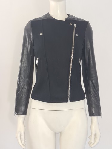 IRO Black Leather Wool Jacket UK 6 EU 34 Biker Zipped Panelled Brown Blend £795 - Picture 14 of 18