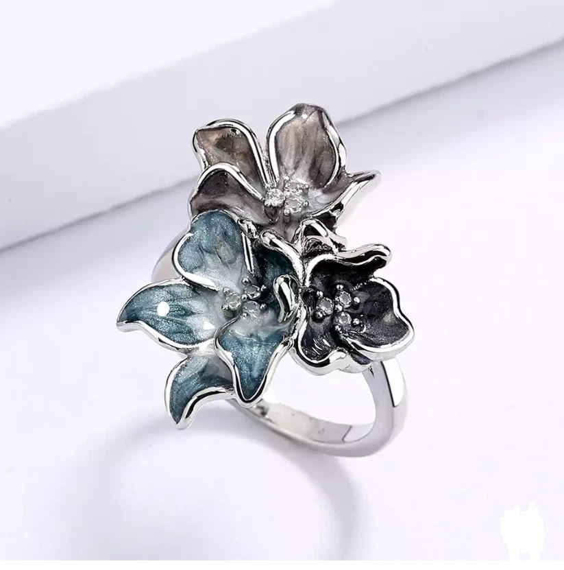 Anillo Mujer Fantasía Moda Color Plata Azul y Gris Esmalte Flores Talla 9 Foto 4 de 4