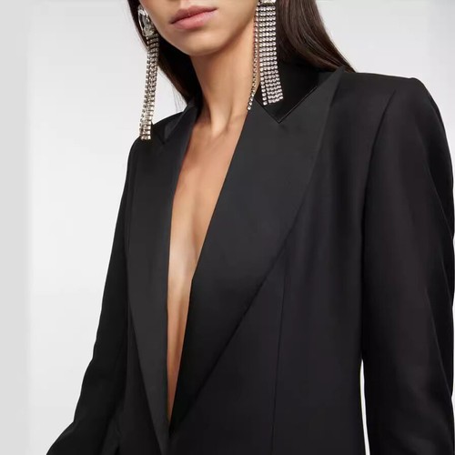 Blazer de un botón satinado largo calce ajustado elegante para mujer abrigos trinchera ropa exterior de trabajo - Imagen 3 de 24