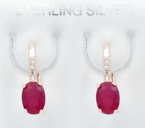 GENUINE 2.26 Cts RUBY & WHITE SAPPHIRE DANGLING EARRINGS .925 Silver (rose) -NWT