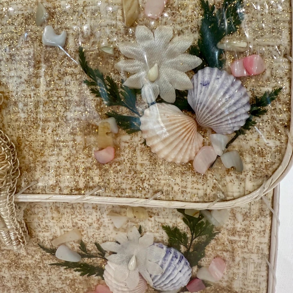 Vtg Cottagecore Purse Tweed Woven Seashell Boho Handbag Bamboo Beaded Boucle - Image 2 of 4