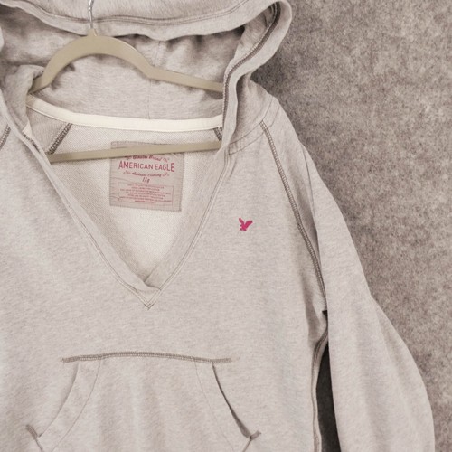 American Eagle Sweatshirt Girls Large Long Sleeve Gray Hoodie V-Neck w Pouch - Picture 6 of 10