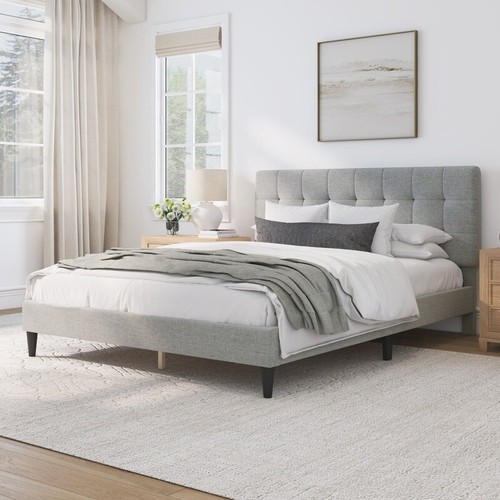 Tufted Queen Platform Bed Adjustable Headboard Upholstered Bed No Box Spring New - Picture 10 of 21